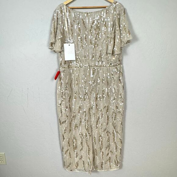 Mac Duggal NWT Women's 14 Sequined V Neck Flutter Sleeve Tea Length Dress 93591 - Picture 4 of 16